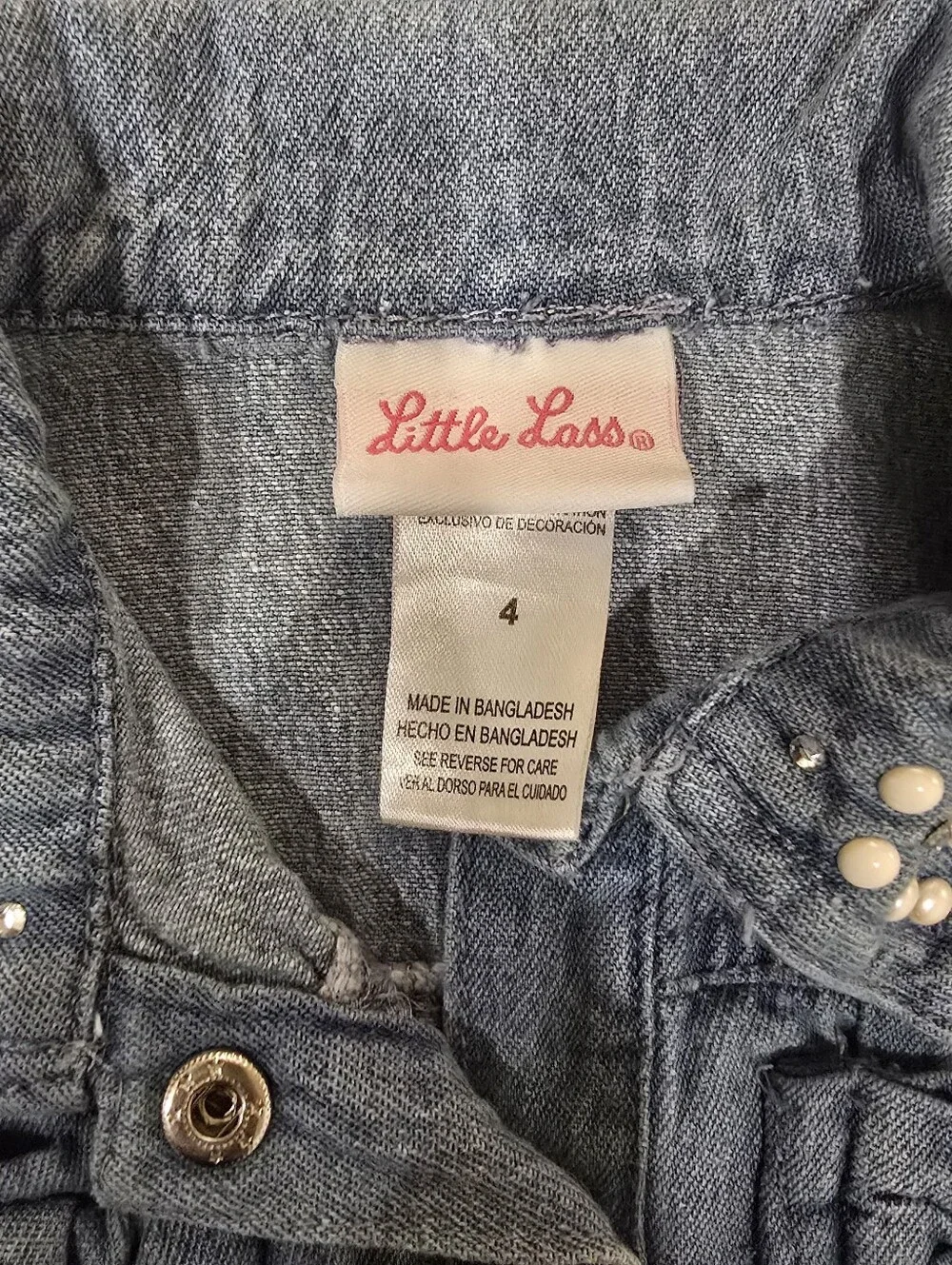 Little Lass Girls Denim Jacket Size 4 Rhinestone Pearl Embroidered Bow Jean Jack